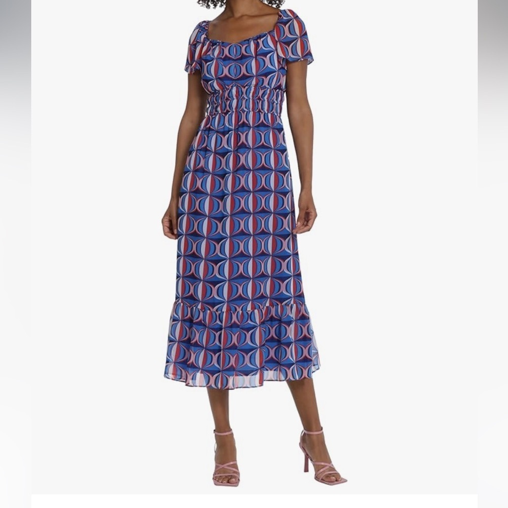 NWT Maggy London Womens Sz 10 Smocked Waist Peasant Midi Dress - Picture 2 of 8